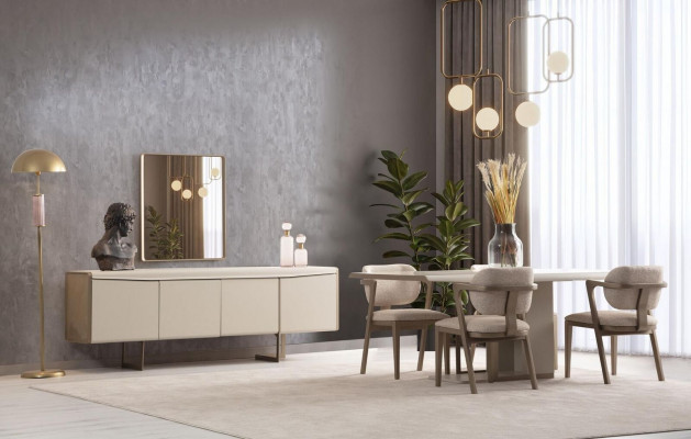 Bežová jídelní sestava Designový jídelní stůl Čalouněné židle Luxusní komoda