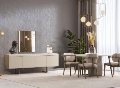 Bežová jídelní sestava Designový jídelní stůl Čalouněné židle Luxusní komoda