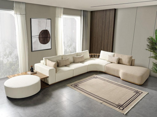 Bílá rohová sedací souprava, moderní nábytek do obývacího pokoje, designová pohovka, textilní sofa 2 kusy.