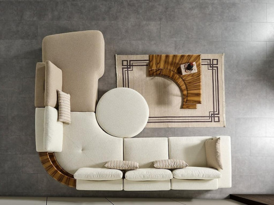 Bílá rohová sedací souprava, moderní nábytek do obývacího pokoje, designová pohovka, textilní sofa 2 kusy.