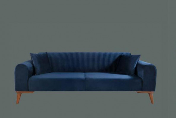 Elegantní modrá třímístná pohovka do obývacího pokoje, nábytek, samet