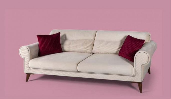 Třímístná pohovka, 3 sedáky, beige látková pohovka, velké polštáře, dřevo designér nový.