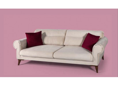 Třímístná pohovka, 3 sedáky, beige látková pohovka, velké polštáře, dřevo designér nový.
