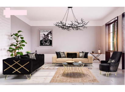 Sedačková sestava Černá Pohovka 3+3+1 křeslo Elegatní kov Samet