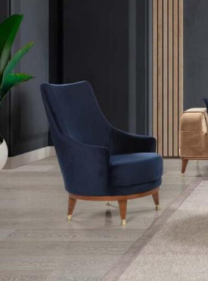 Moderní křeslo do obývacího pokoje, 1 místné, designová relaxační židle, modrá barva, dřevo.