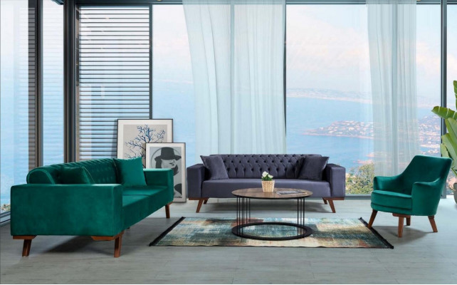 Design pohovka trojsedačka Moderní sedací souprava šedá nábytek čalounění dřevo.