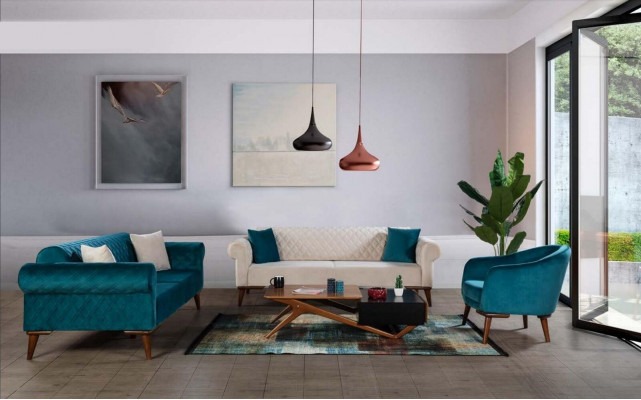 Bežová třímístná pohovka Elegantní pohovka Sedací souprava Obývací pokoj Samet