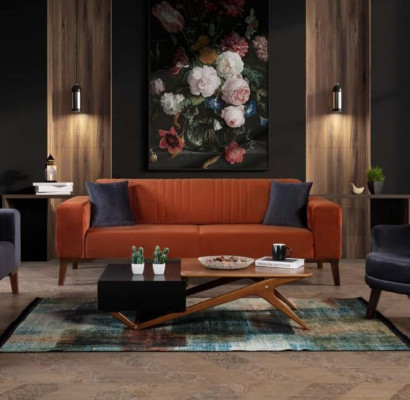 Orange Dreisitzer Couch Elegante Sofa Sitzmöbel Wohnzimmer Samt