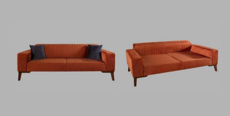 Orange Dreisitzer Couch Elegante Sofa Sitzmöbel Wohnzimmer Samt