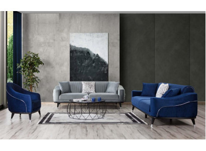 Sedačka 3+3+1 sedadelná pohovka čalouněná pohovka dřevěná šedá modrá sametová.