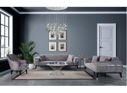 Sofa set 3+3+1 sezení sedací souprava Pohovky Křesla Látka Dřevo Šedé pohovky