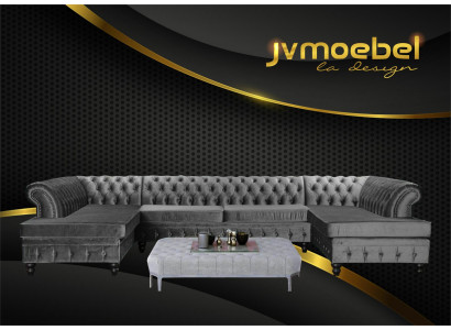 Sada luxusní moderní rohová sedací souprava U-formátu Chesterfield a konferenční stolek do obývacího pokoje textilní