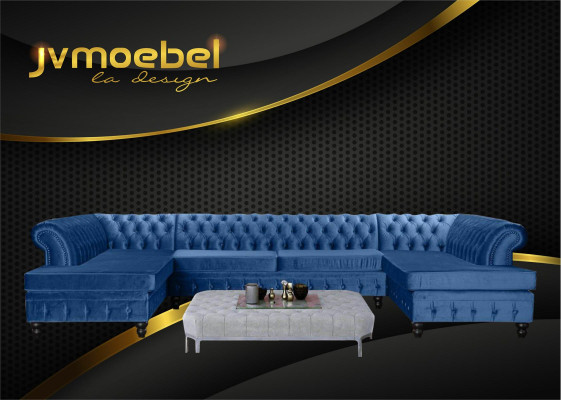 Set Luxury Modern Ecksofa U-Form Chesterfield und Couchtisch Wohnzimmer Textil