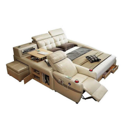 Masážní postel Multifunkční postel se zásuvkami USB s luxusním polstrováním a poličkou z kůže