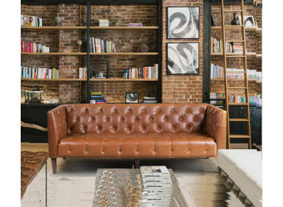 Mužský klub Chesterfield sofa gauč kožená potah třísedák hnědá.