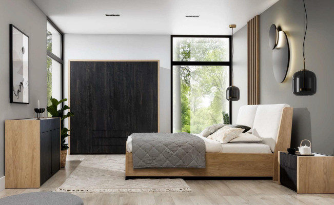 Ložnice set Beige postel 2x noční stolky komoda šatní skříň Moderní 5dílný.