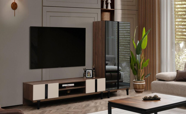Designová obývací souprava, elegantní TV stojan, luxusní nízký stolek, dvoudílný.