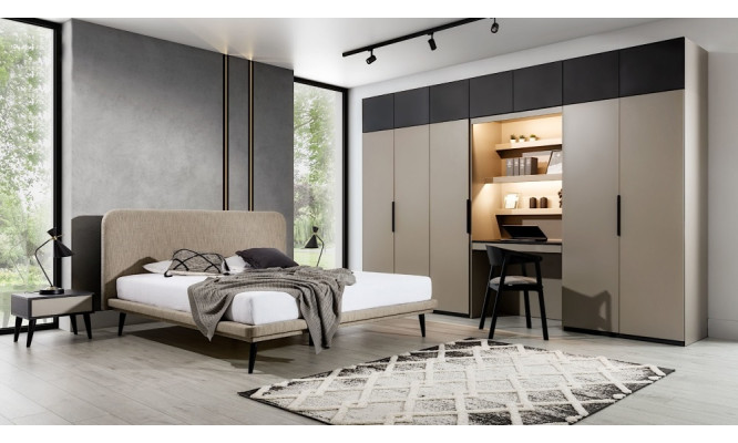 Luxusní ložnicová sestava, designová manželská postel, šatní skříň, noční stolky.