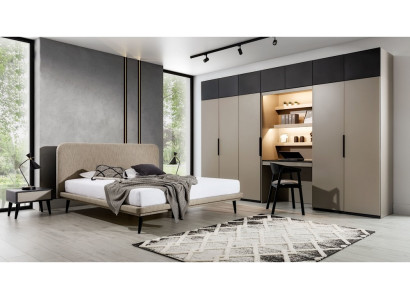 Luxusní ložnicová sestava, designová manželská postel, šatní skříň, noční stolky.