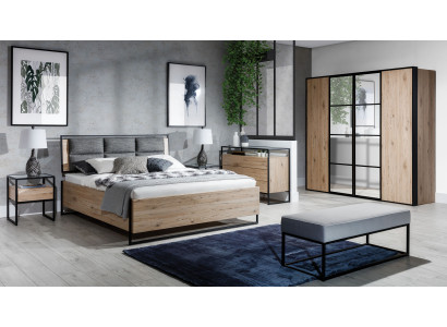 Moderní ložnice s postelí, šatní skříní, dřevěnou komodou - 5 kusů soupravy