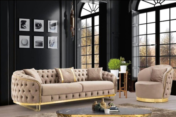 Designer obývací pokoj set 3místná pohovka a křeslo barvy beige 2dílný nový