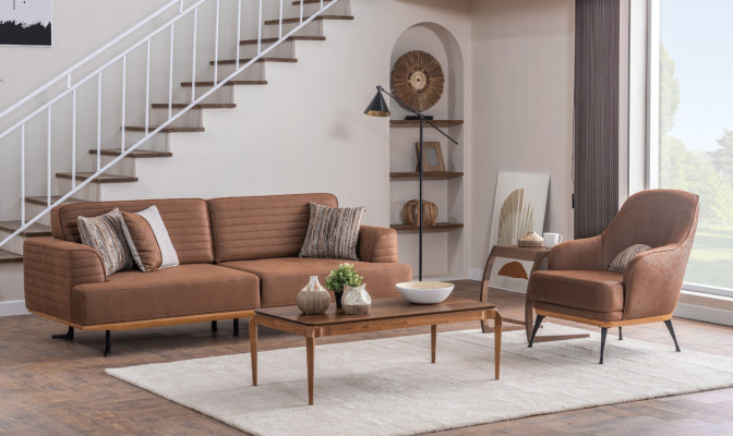 Exklusive Dreisitzer-Sofas und -Sessel für das Wohnzimmer in brauner Polsterung