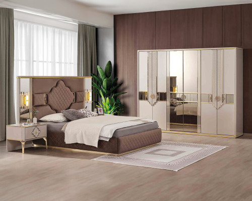 Braun-Beiges Schlafzimmer Set Kleiderschrank Polsterbett Nachttische