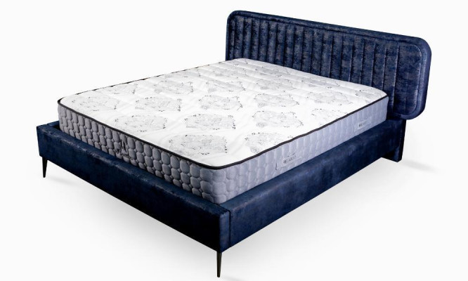 Postel Modrá Manželská Postel Ložnice Dřevo Nábytek Design Elegantní Potah Látka Nový