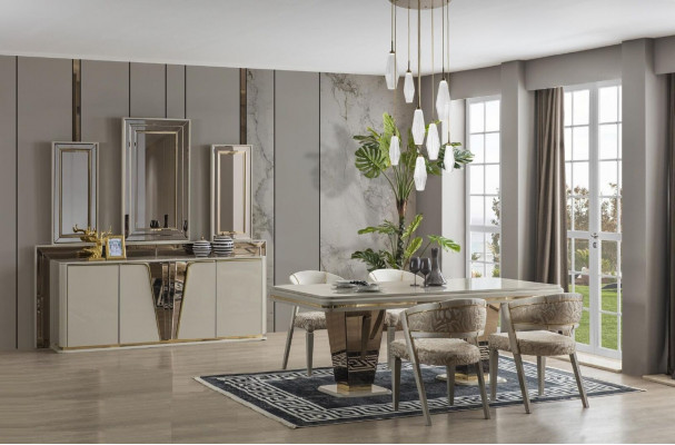 Jídelní kout Luxus jídelní sestava Jídelna Jídelní stůl Sestava židlí Beige 5 kusů.