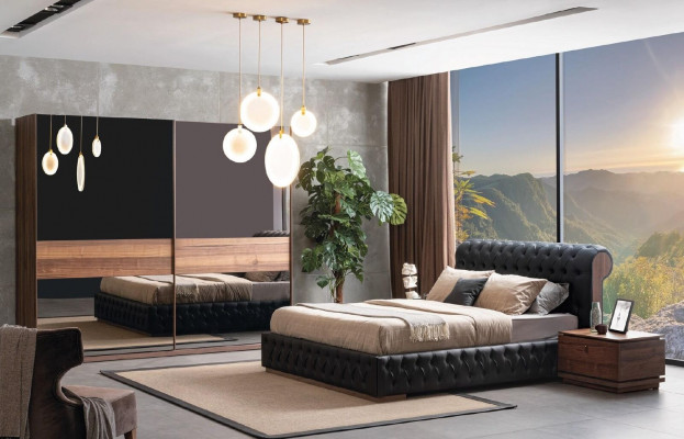 Postel Šatní skříň 2x Noční stolek Luxus Ložnice čalounění Design nový