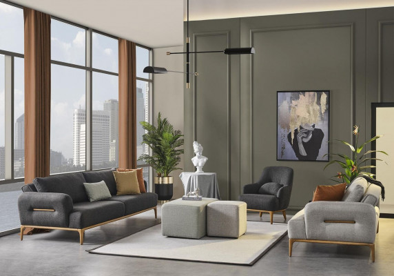 Sofa set Pohovka Křeslo 3+2+1sedák Tkanina Luxus Šedá Pohovky Obývací pokoj