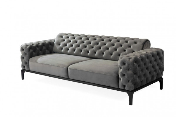 Chesterfield sada sedacích souprav, 3místná sedačka látková šedá luxusní sedací soupravy sofistikovaného stylu.