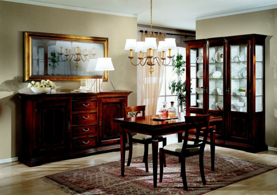 Jídelní stůl 2 židle vitrína komoda zrcadlo kompletní sestava jídelního pokoje 6 dílů nová.