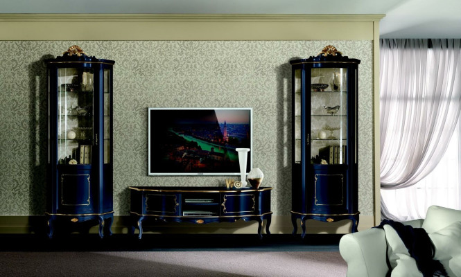 Luxus Set Garnitur 3tlg rtv mit 2x Vitrine Blau Italienische Luxus Möbel Barock Stil