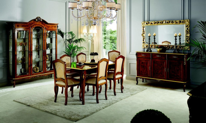 Jídelní stůl 6 židlí Vitrína Komoda Zrcadlo Kompletní jídelní sestava 10 dílná