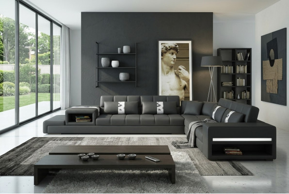 Pohovka z čalouněné kůže, rohová sedací souprava, designová pohovka, moderní.