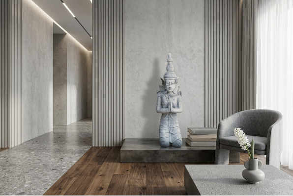Buddha Skulptur in Steinoptik. Große Figur Skulptur für Garten Dekorative