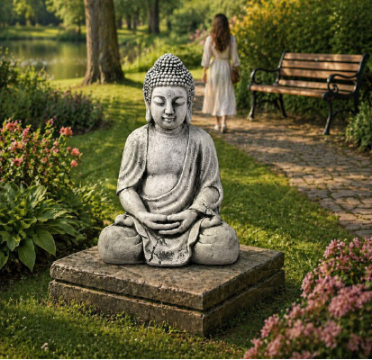 Figur Buddha Skulptur in Steinoptik. Große Dekorative Skulptur für Garten