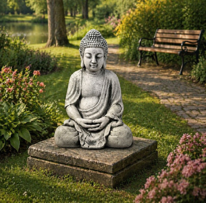 Figur Buddha Skulptur in Steinoptik. Große Dekorative Skulptur für Garten