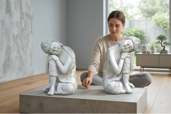 Dekorative Buddha Skulptur in Steinoptik. Große Skulptur für Garten Figur
