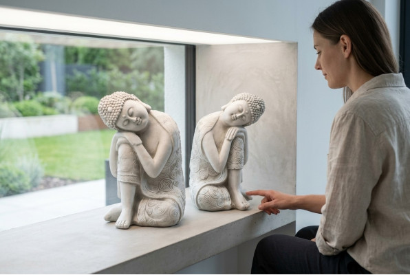 Dekorative Buddha Skulptur in Steinoptik. Große Figur Skulptur für Garten