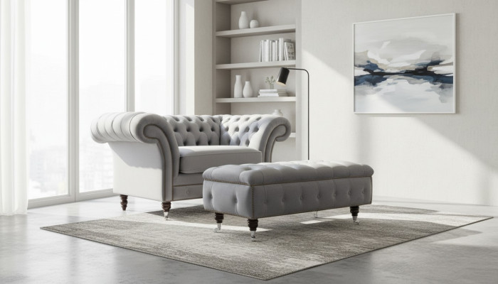 Chesterfield Hocker podnožka polstrovaná taburetka relaxační textilní kožená nová