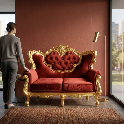 Elegantní 2-místná pohovka s jasnou barevnou kombinací luxusní červené a lesklé zlaté barvy v barokním stylu.