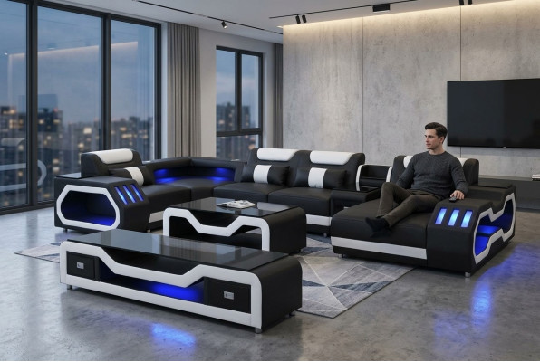 Leder Sofas Eck Garnitur Design Sofa Wohnlandschaft + Couch Tisch + RTV G8046