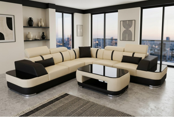 Eck Sofa Leder Polster Ecke Sitz Garnitur Couchen L Form + Tisch Wohnlandschaft