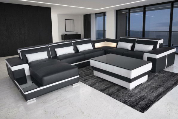 XXL Leder Sofa Polster Wohn Couch Sitz Garnitur Ecke Eck Sofas Couchen + Tisch
