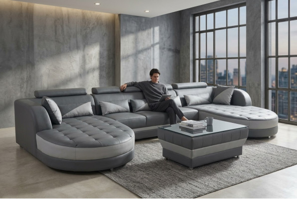 Leder Sofa Moderne Couch Polster Design Wohnlandschaft + Tisch
