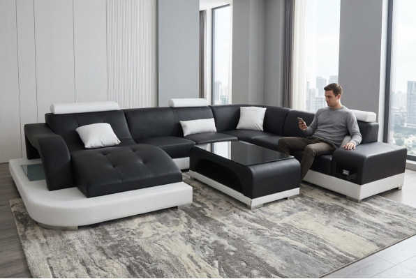 Kůže Pohovka Moderní Sedadlo Pohovka Potah Design Růžek Obývací Souprava + Stůl Pohovky