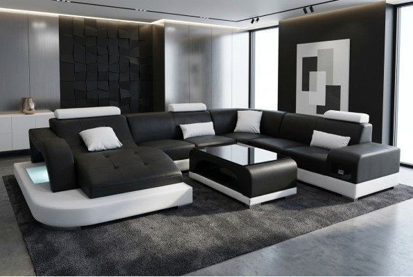 Kůže Pohovka Moderní Sedadlo Pohovka Potah Design Růžek Obývací Souprava + Stůl Pohovky