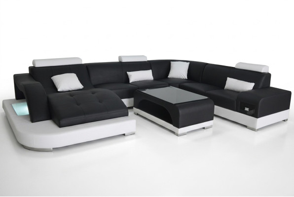 Kůže Pohovka Moderní Sedadlo Pohovka Potah Design Růžek Obývací Souprava + Stůl Pohovky